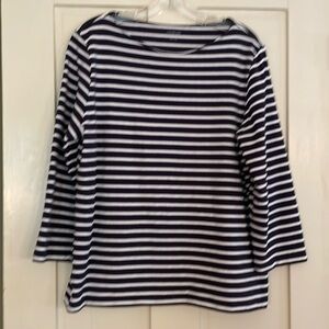 Lands’ End navy/ white stripe cotton shirt, size large.